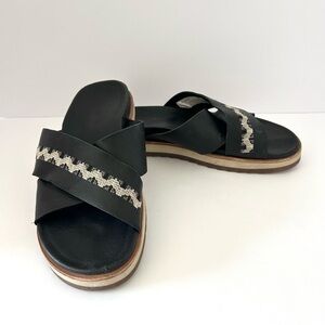 Merrill Juno Slide Sandal Shoe Leather Crisscross Embroidered Black White Size 8